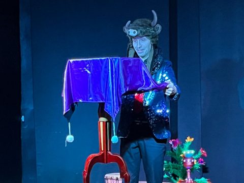 Magicien en veste à paillettes et chapeau à cornes